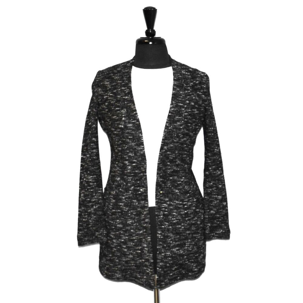 A5 EILEEN FISHER Blk/Wht Cotton Blend Open Front Petite Cardigan Sweater Size PP